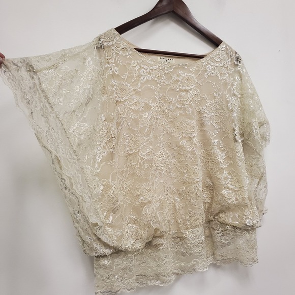 Ice Tops - Ice Womens Lace Overly Fairy Ethereal Angelcore Top Size XL Cream Metallic Drape